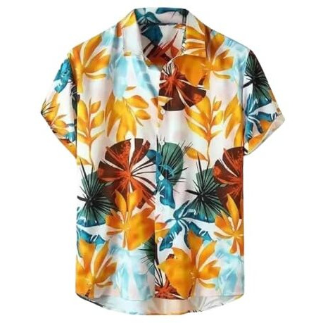 Leriya Fashion Shirt for Men | Tropical Leaf Printed Rayon Shirts for Men | Preppy Short Sleeves | Spread Collared Neck | Perfect for Outing | Beach | Camp Wear Shirt for Boys (LF-MS-6048-L-Orange)