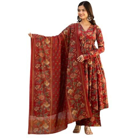 GRECIILOOKS Rayon with Dupatta Kurti Festive Set for Women | Regular Fit Kurta (GL-K2747&P169&D106_RED_M)