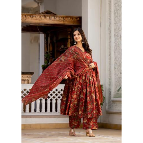 GRECIILOOKS Rayon with Dupatta Kurti Festive Set for Women | Regular Fit Kurta (GL-K2747&P169&D106_RED_M)