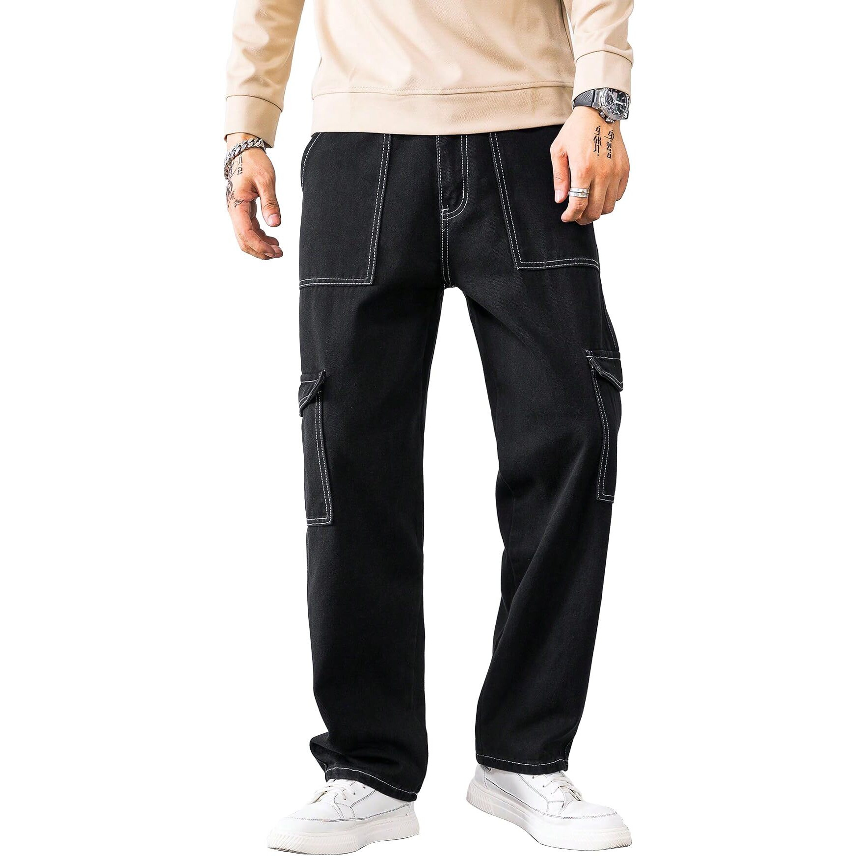 AVANOVA Black Bell-Bottom Men Cargo Jeans II Men Cargo Pants II Denim Cargo for Men II Cotton Pant II Wide Legs II Flap Pockets II Cargo for Men (Jeans-119-Black-34)