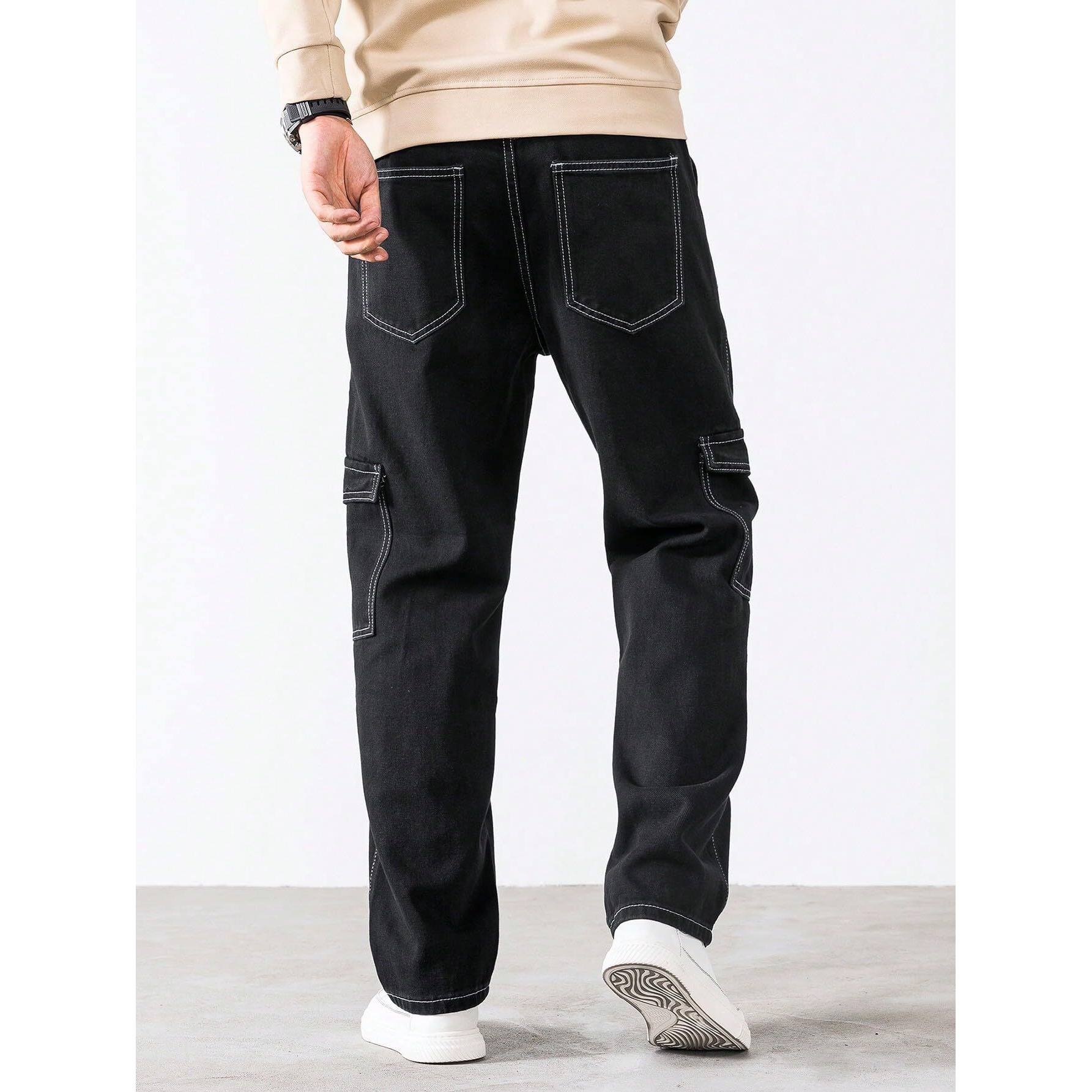 AVANOVA Black Bell-Bottom Men Cargo Jeans II Men Cargo Pants II Denim Cargo for Men II Cotton Pant II Wide Legs II Flap Pockets II Cargo for Men (Jeans-119-Black-34)
