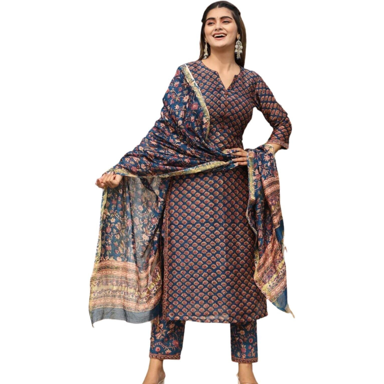 GRECIILOOKS Womens Regular Cotton Blend Regular Fit Kurta Set (Blue, Small)