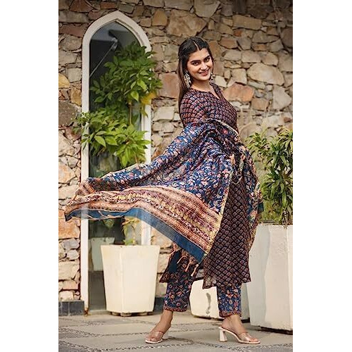 GRECIILOOKS Womens Regular Cotton Blend Regular Fit Kurta Set (Blue, Small)