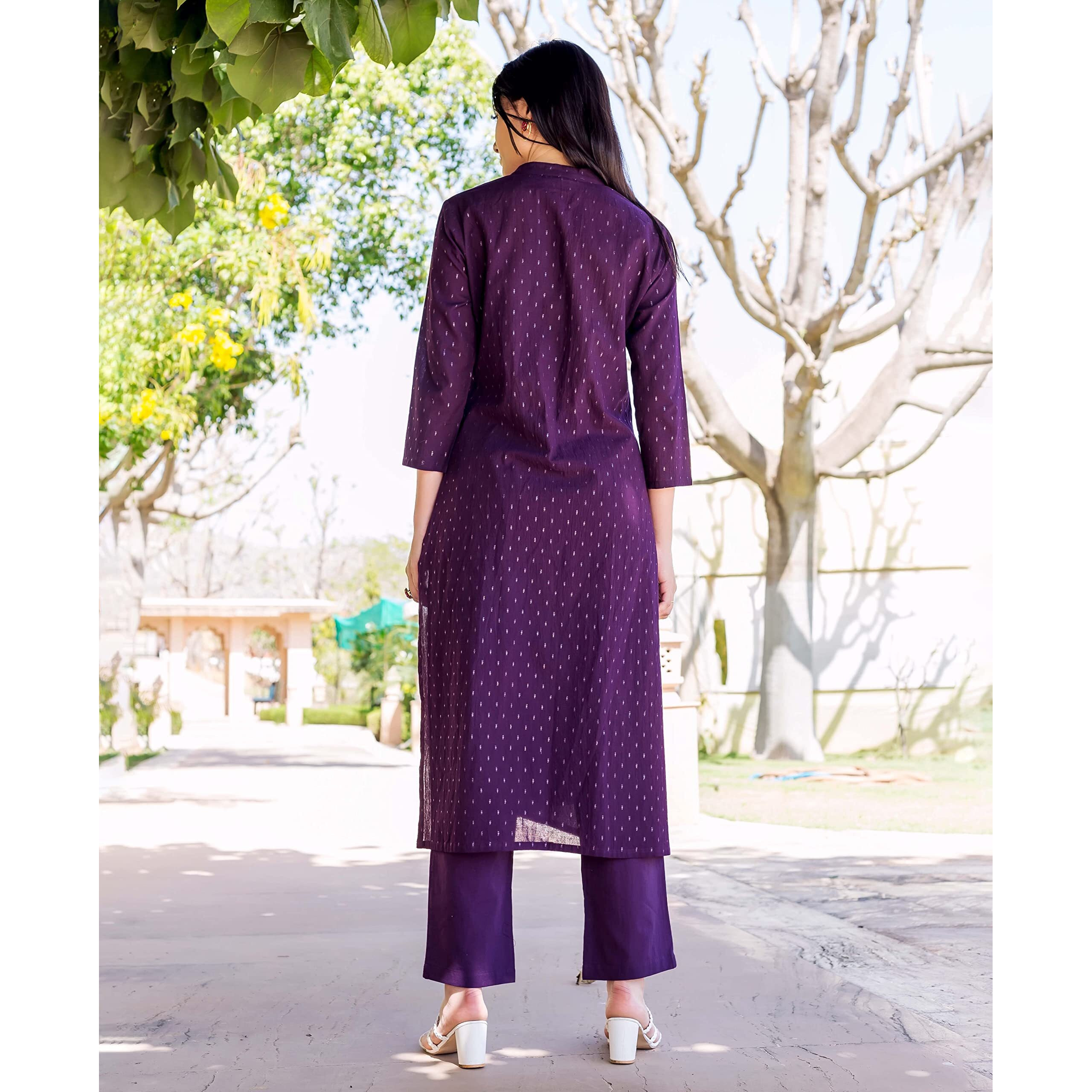 GoSriKi Women's Cotton Blend Straight Printed Kurta with Pant & Dupatta (RAJI-BEGANI-GS_M_Purple_Medium)