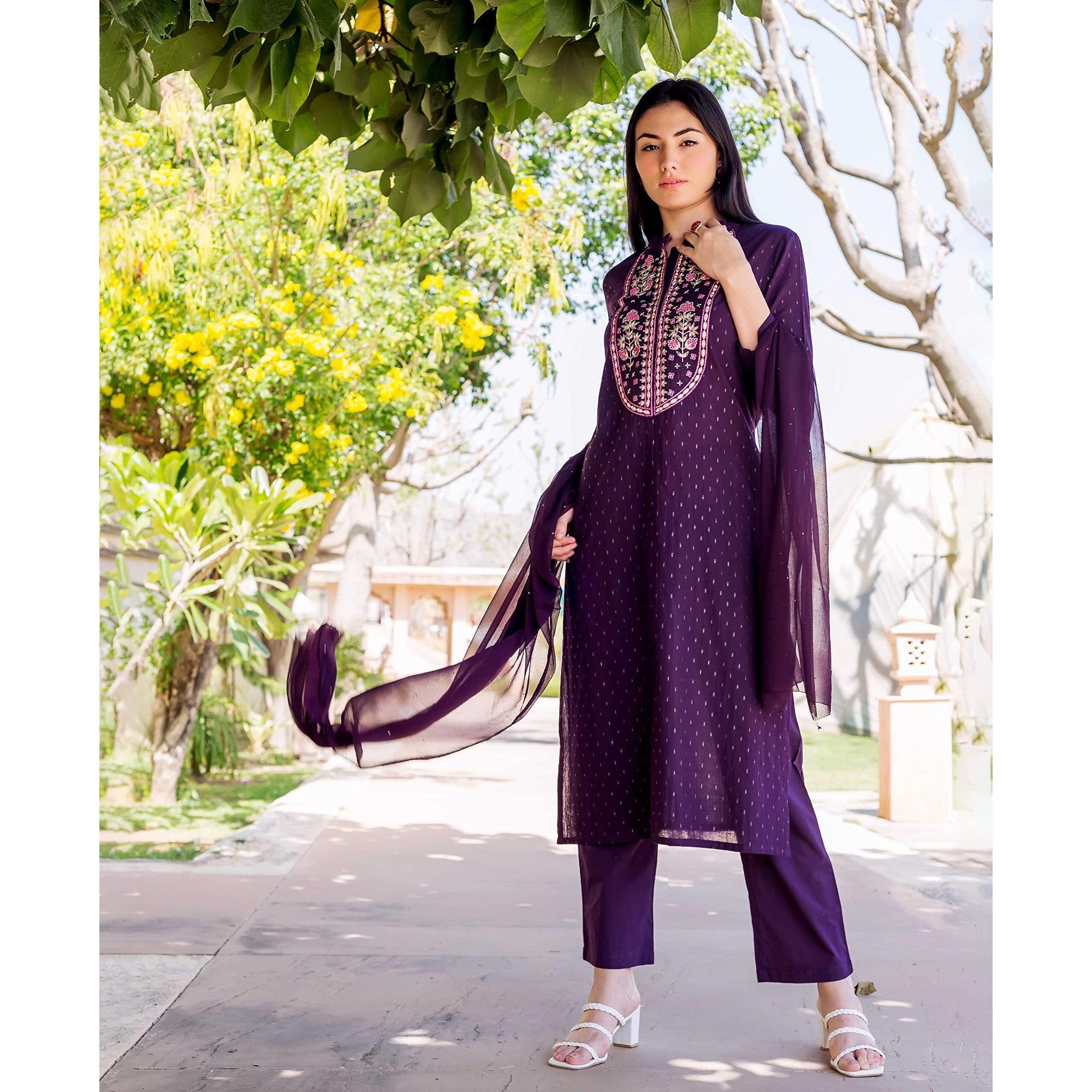 GoSriKi Women's Cotton Blend Straight Printed Kurta with Pant & Dupatta (RAJI-BEGANI-GS_M_Purple_Medium)