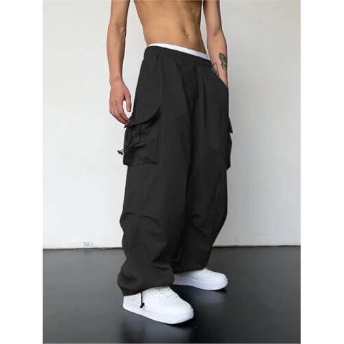 GRECIILOOKS Regular Fit Cotton Trousers Baggy Pants Cargos for Men (GL-TP-1086_Black_L)