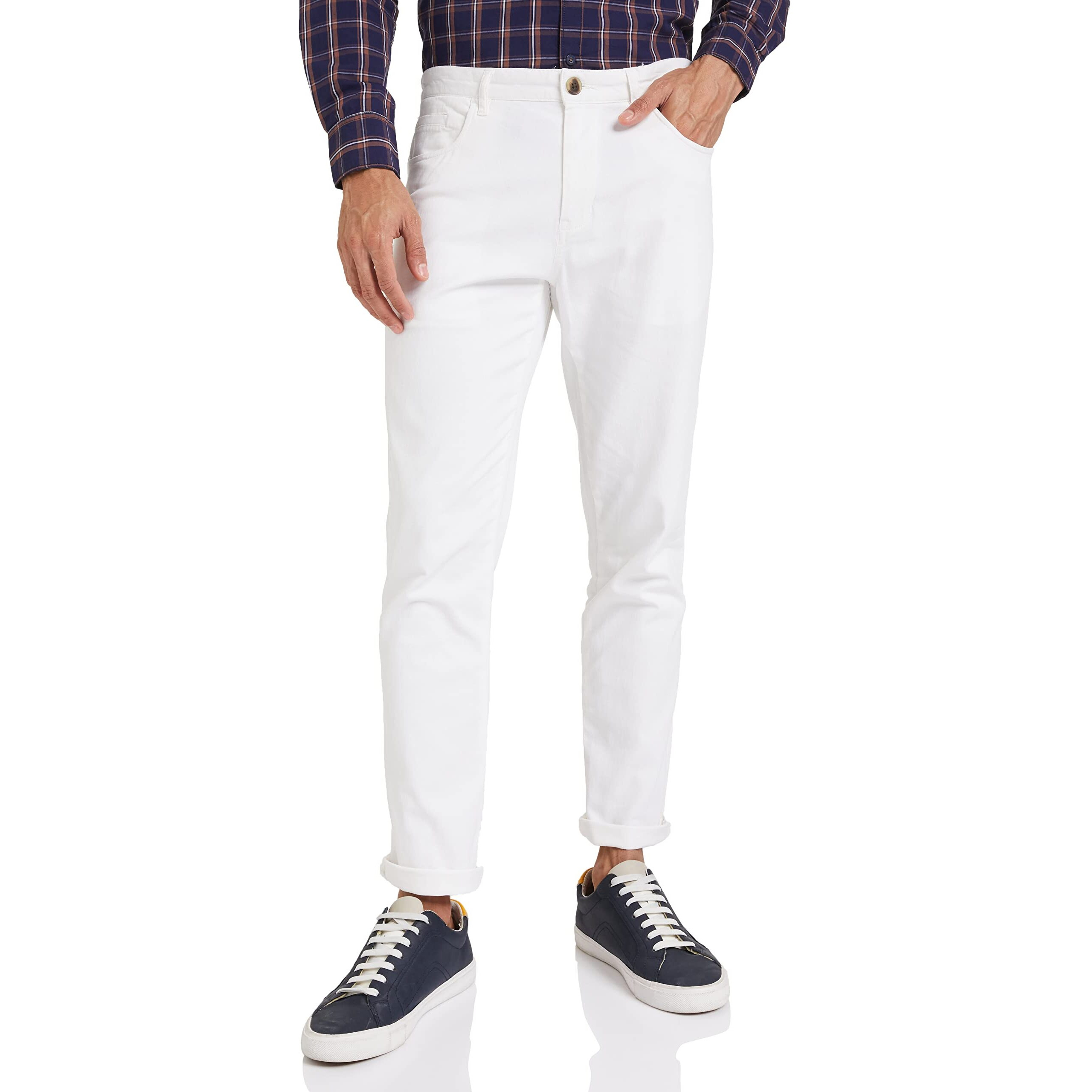 Amazon Brand - Symbol Men's Stretchable Casual Pants | Scoop Pocket Chinos | Trousers (Slim Fit) (White_32)