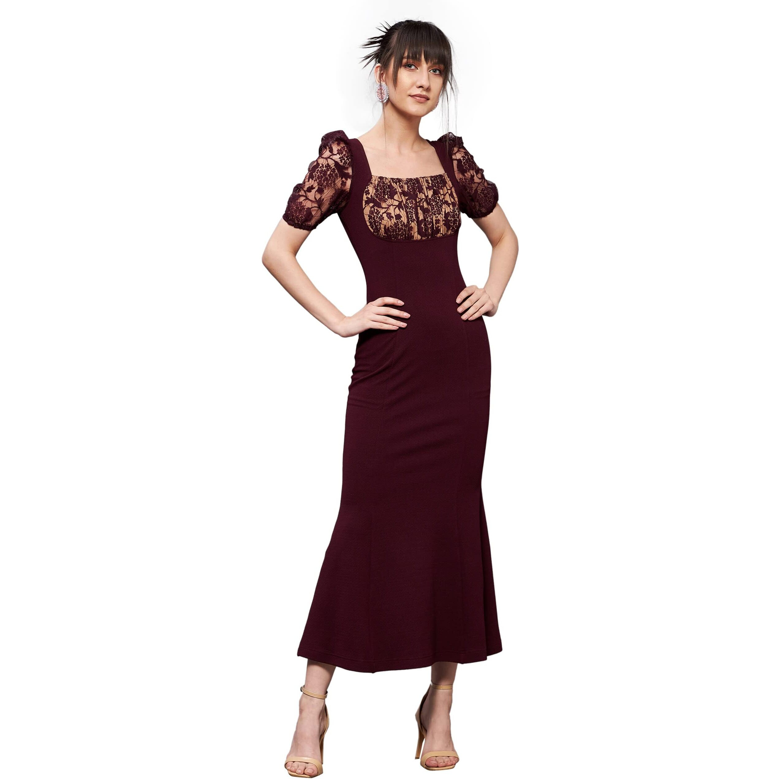 Miss Chase Women's Square Neck Short Puff Sleeve Self Design Lace Overlaid Bodycon Midi Dress (MCSS23D79-01-184-02, Wine, XS)