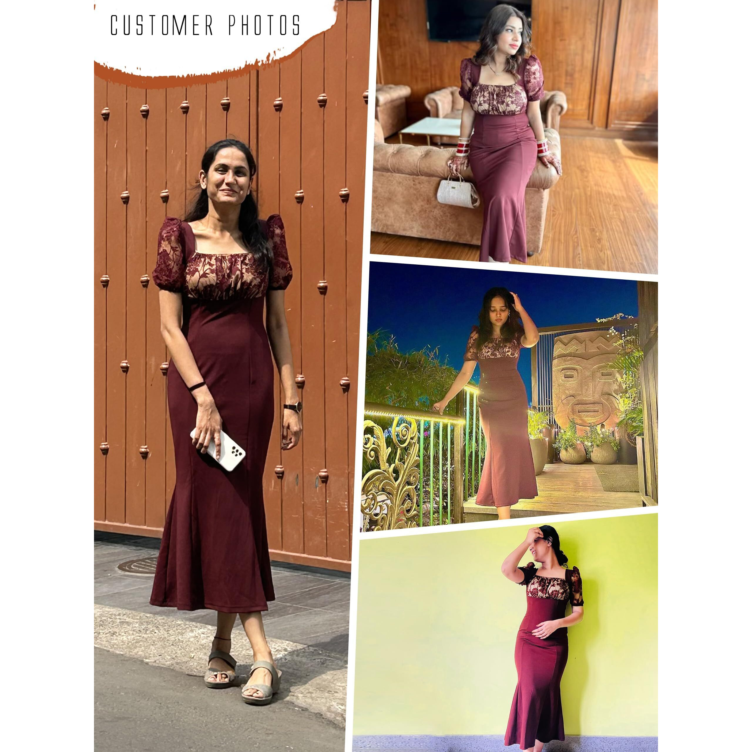 Miss Chase Women's Square Neck Short Puff Sleeve Self Design Lace Overlaid Bodycon Midi Dress (MCSS23D79-01-184-02, Wine, XS)