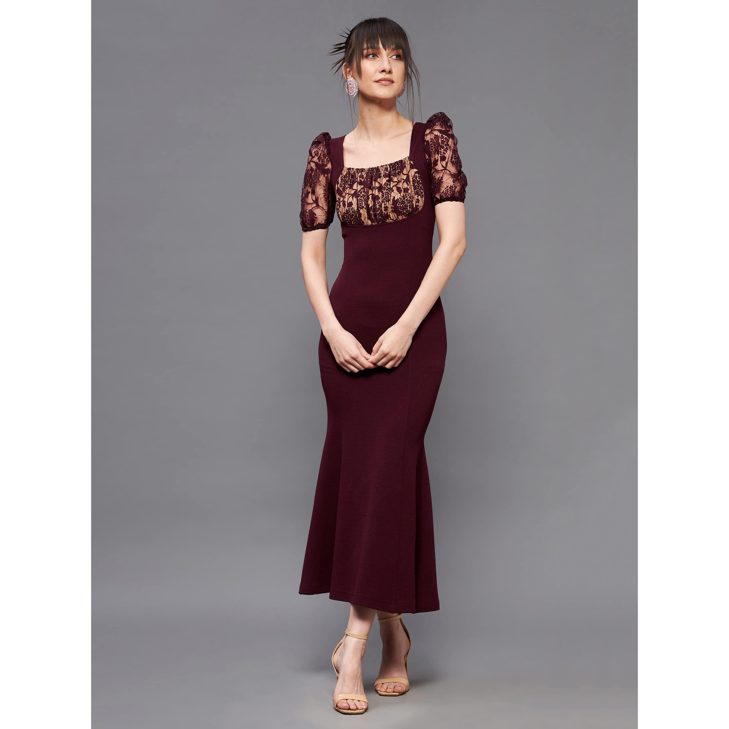 Miss Chase Women's Square Neck Short Puff Sleeve Self Design Lace Overlaid Bodycon Midi Dress (MCSS23D79-01-184-02, Wine, XS)