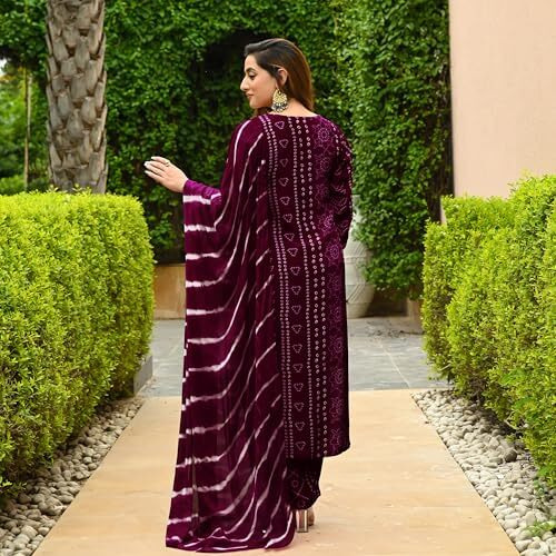 ANNI DESIGNER Women's Rayon Blend Straight Bandhej Printed Kurta with Pant & Dupatta (Baghira Wine_XL_Wine_X-Large)