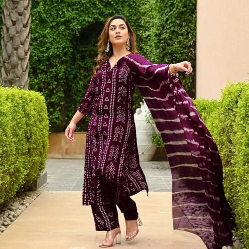 ANNI DESIGNER Women's Rayon Blend Straight Bandhej Printed Kurta with Pant & Dupatta (Baghira Wine_XL_Wine_X-Large)