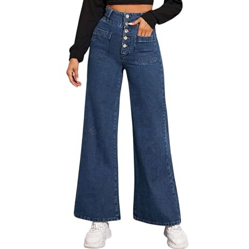 GRECIILOOKS Regular Fit Pant Baggy High Waist | Bell Bottom Jeans for Women (GL-DJ-19_Blue 01_34)