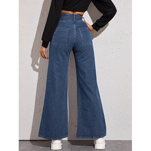 GRECIILOOKS Regular Fit Pant Baggy High Waist | Bell Bottom Jeans for Women (GL-DJ-19_Blue 01_34)