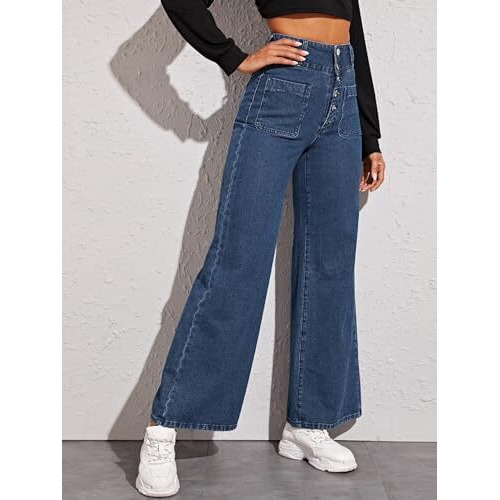 GRECIILOOKS Regular Fit Pant Baggy High Waist | Bell Bottom Jeans for Women (GL-DJ-19_Blue 01_34)