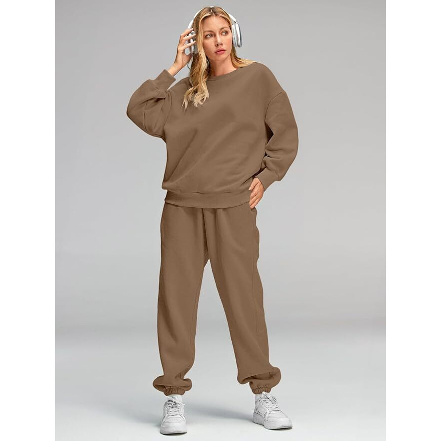 Q - RIOUS Women Oversize Sweatshirt & Joggers Track Suit Co-ord Set, Brown, Small