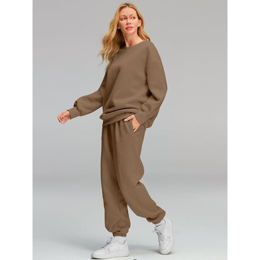 Q - RIOUS Women Oversize Sweatshirt & Joggers Track Suit Co-ord Set, Brown, Small