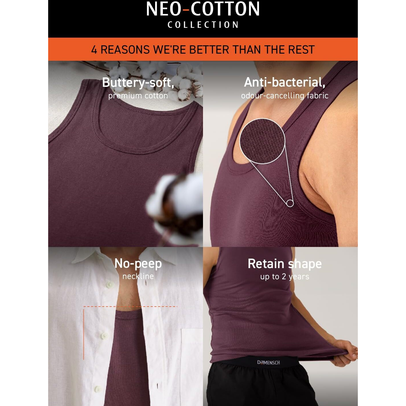 DAMENSCH Men Neo-Cotton Antibacterial Square Neck Vests- Pack of 1- Da Black- Medium