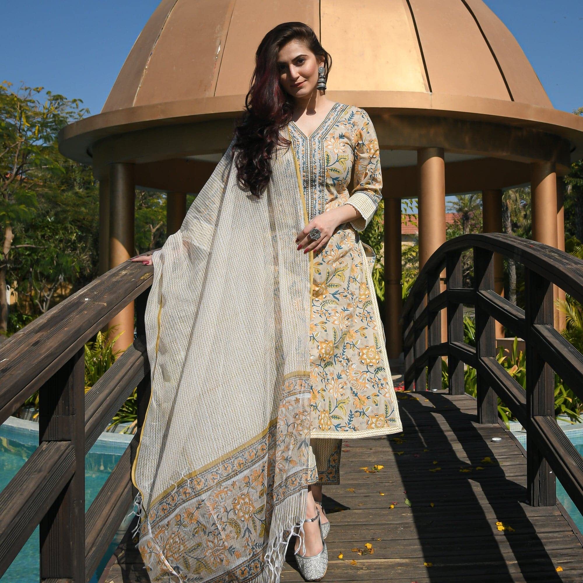 KLOSIA Women Kalmkari Printed Kurta and Pant Set with Dupatta (Medium) Mustard