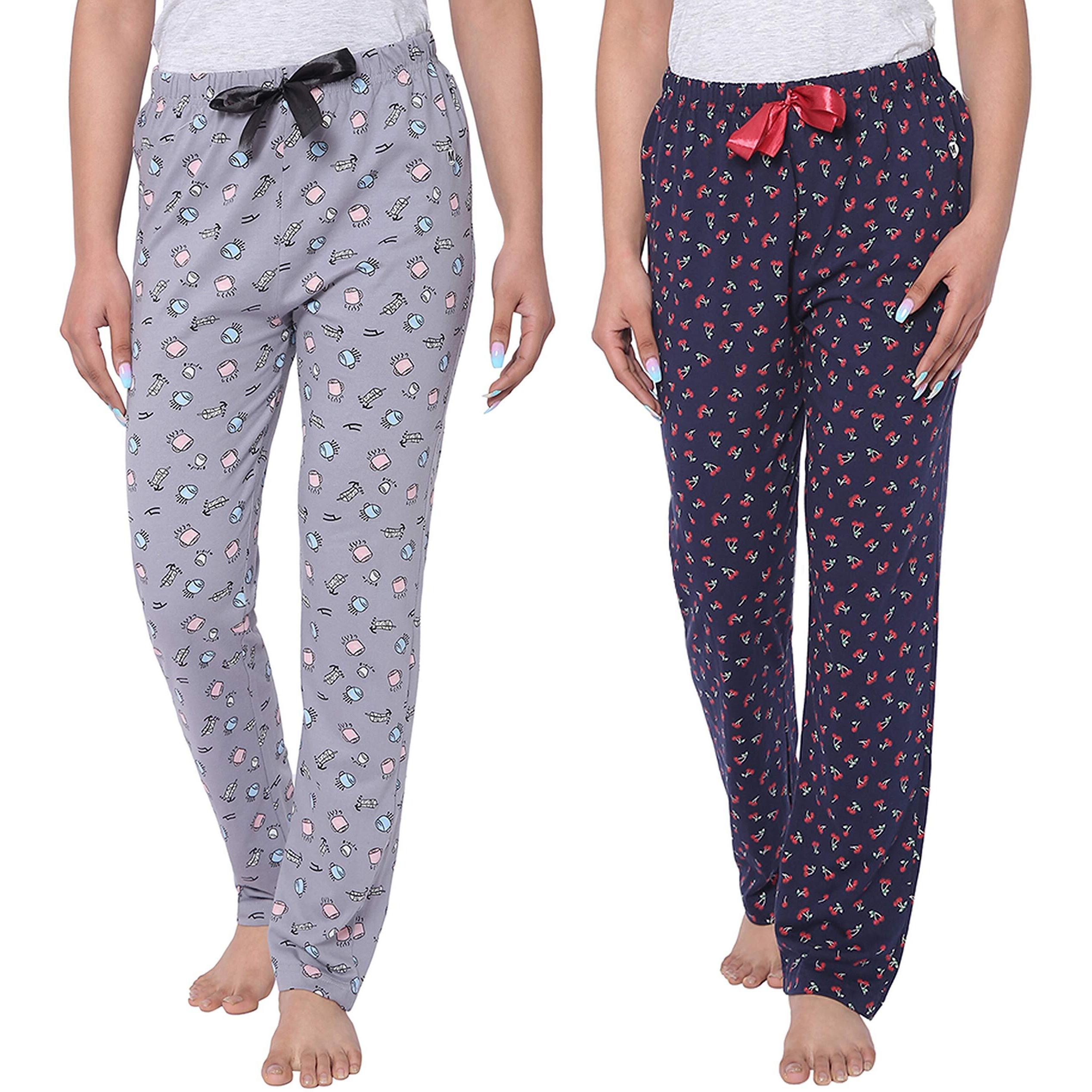 Real Basics Women s Cotton Printed Pyjama Pack Of 2(Rb-W-Pj-Xxl-P2-Coffeecherry_Multicolor_Xxl, Casual Style, Grey Coffee,Navy Cherry)