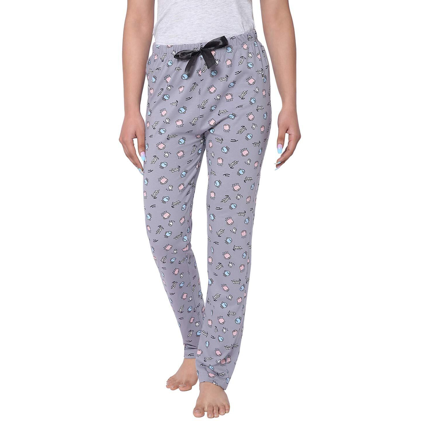 Real Basics Women s Cotton Printed Pyjama Pack Of 2(Rb-W-Pj-Xxl-P2-Coffeecherry_Multicolor_Xxl, Casual Style, Grey Coffee,Navy Cherry)