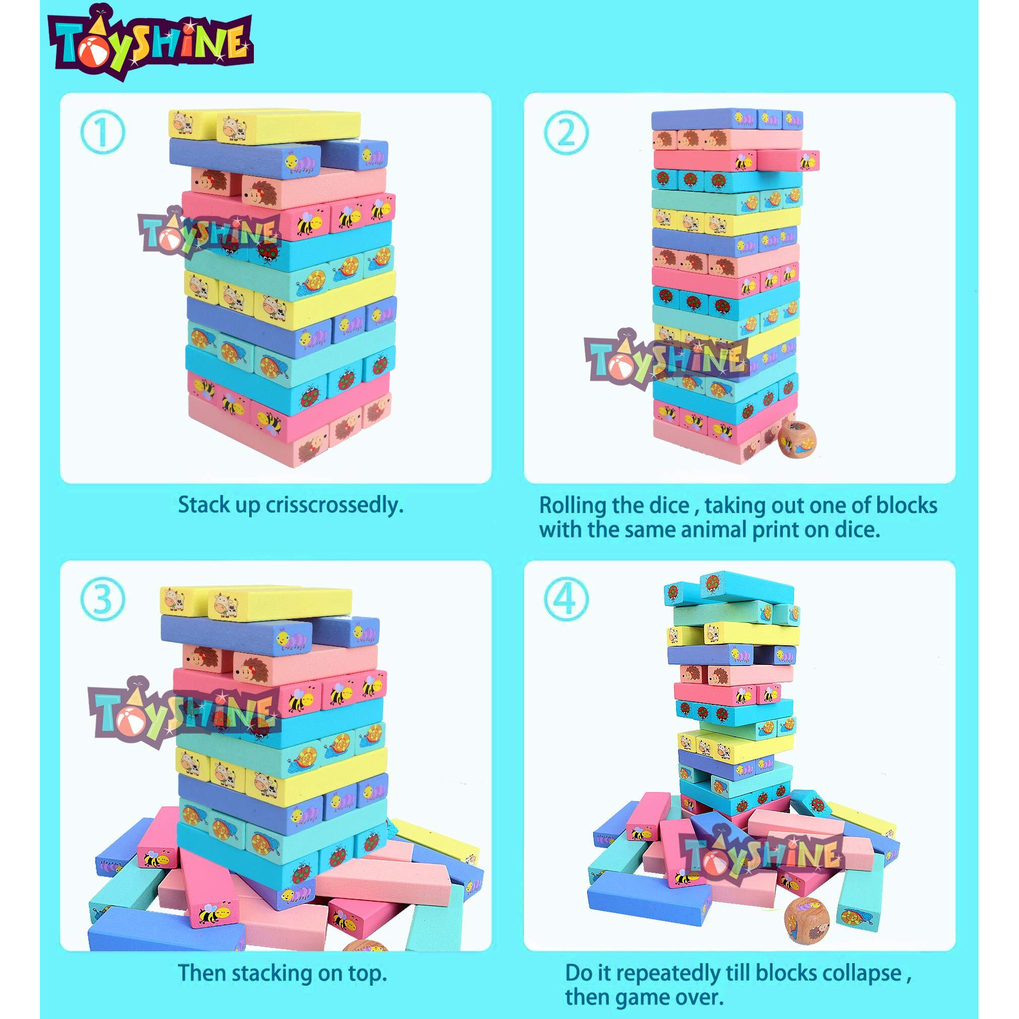 Toyshine 51 Pcs Printed Educational Wooden Stacking Tumling Tower Blocks Toys, Building Blocks for Kids