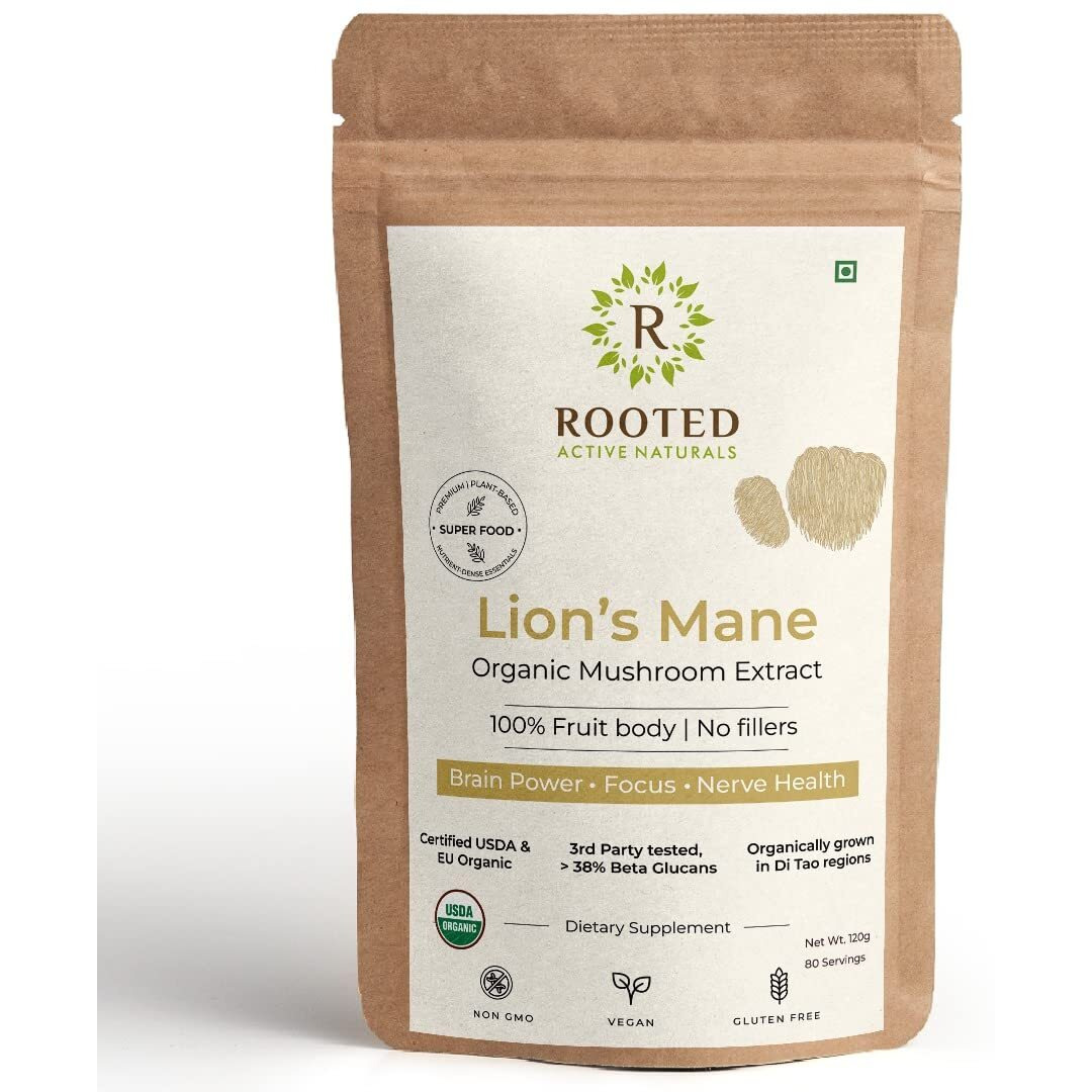 Rooted Actives Lions Mane mushroom Extract (120 g) | Memory, Focus, Brain Powder & Nerve Health. USDA Organic, 38% Beta Glucans