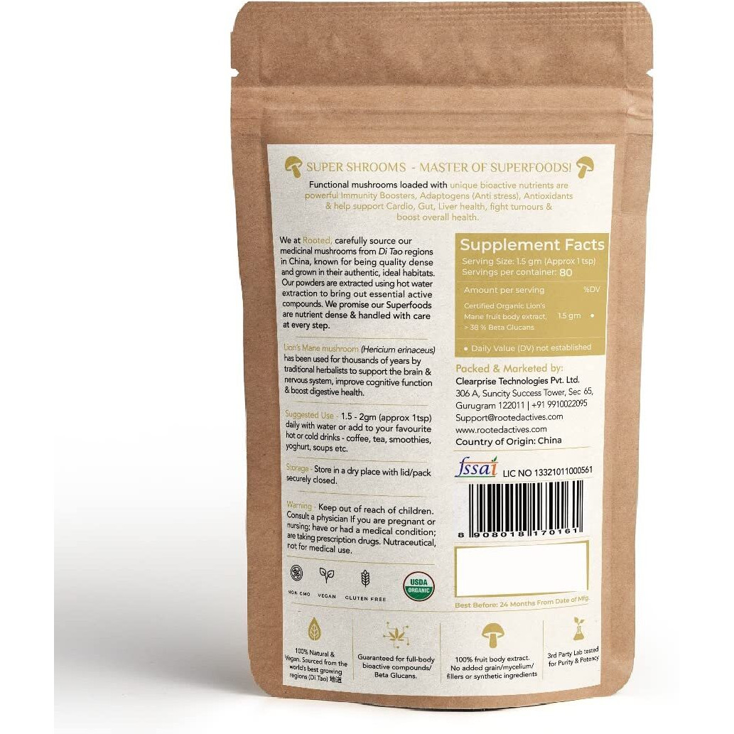 Rooted Actives Lions Mane mushroom Extract (120 g) | Memory, Focus, Brain Powder & Nerve Health. USDA Organic, 38% Beta Glucans