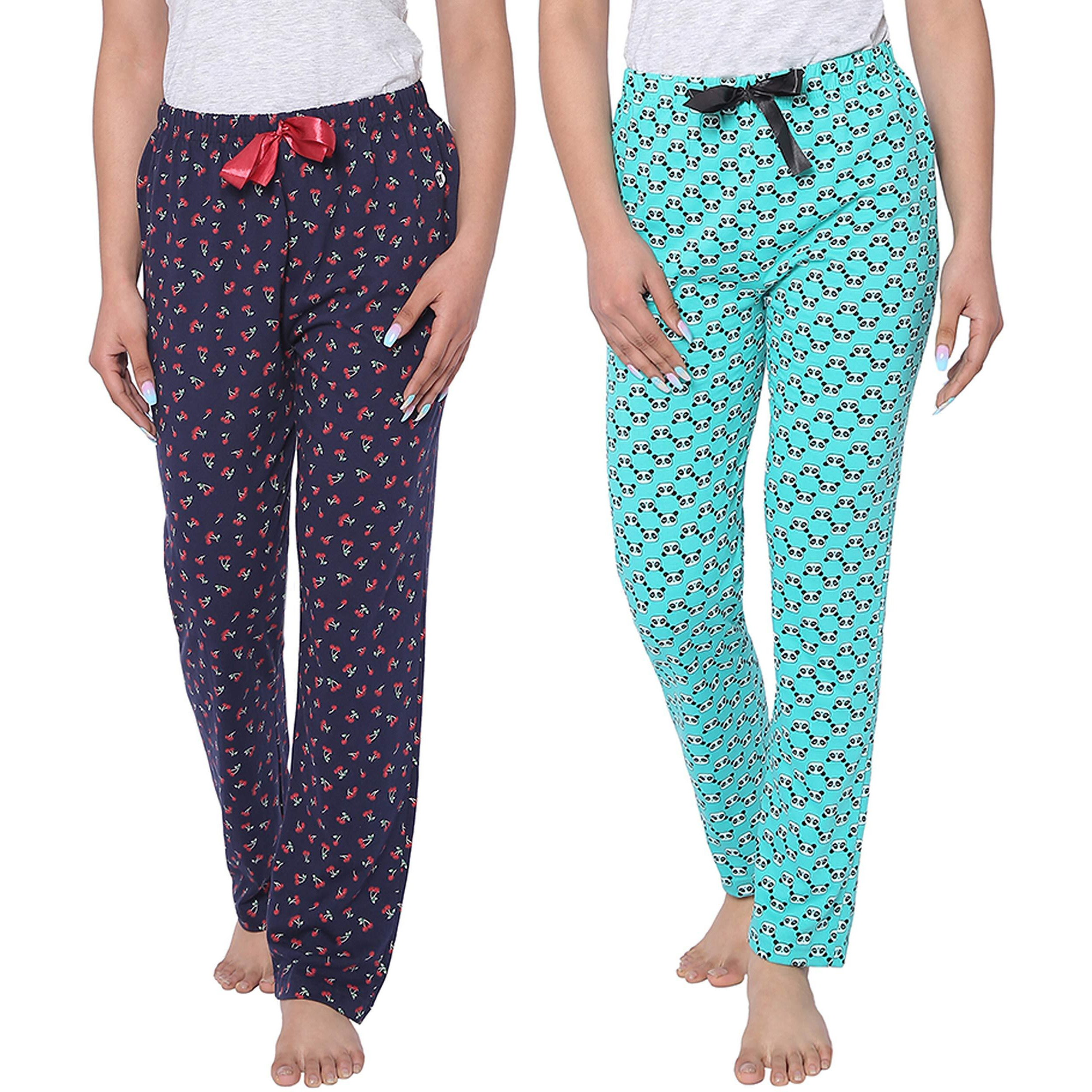 Real Basics Women s Cotton Printed Pyjama Pack of 2(RB-W-PJ-S-P2-S2(Panda+Cherry) Multicolors)