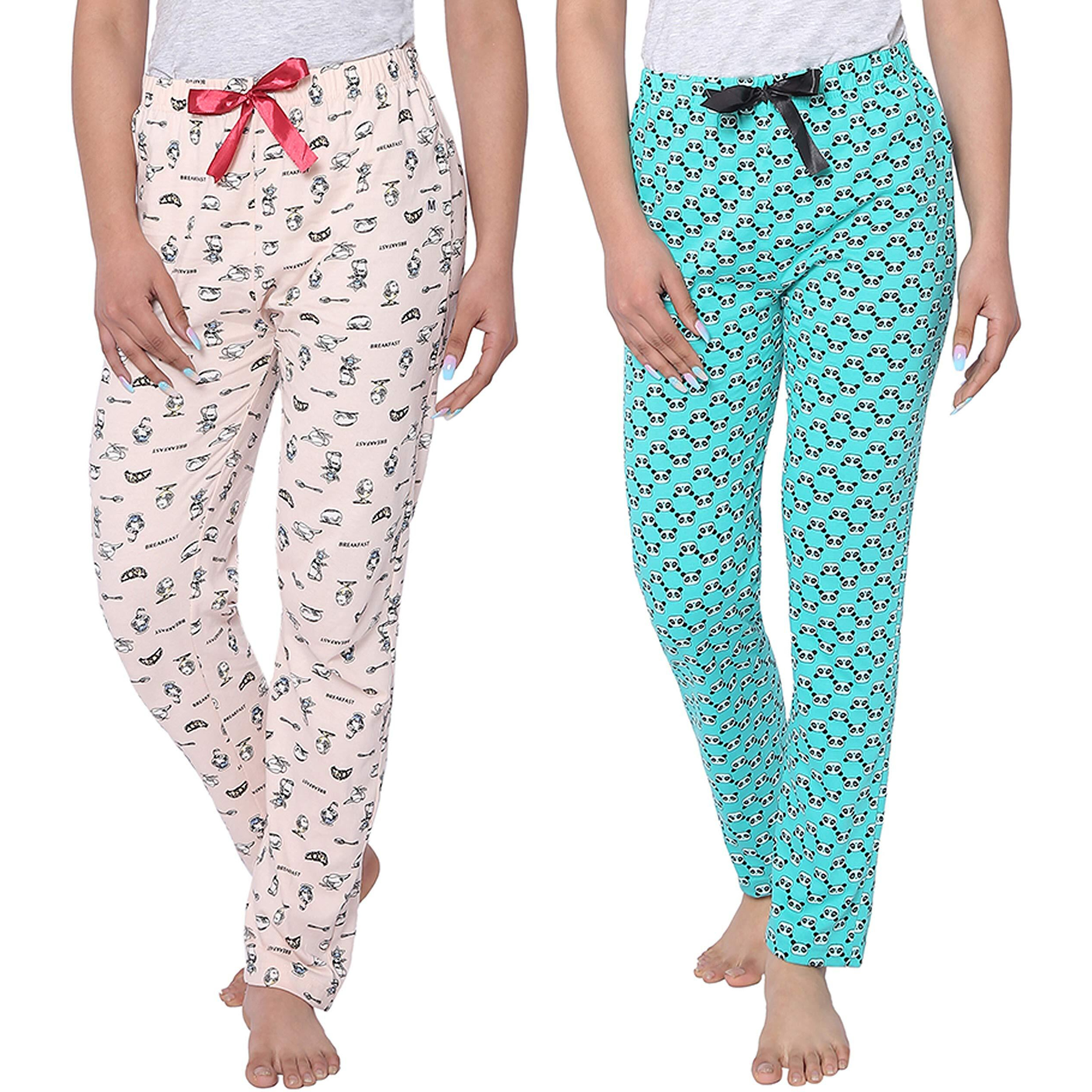 Real Basics Women s Cotton Printed Pyjama Pack of 2(RB-W-PJ-L-P2-S3(Panda+Breakfast) MulticolorL)