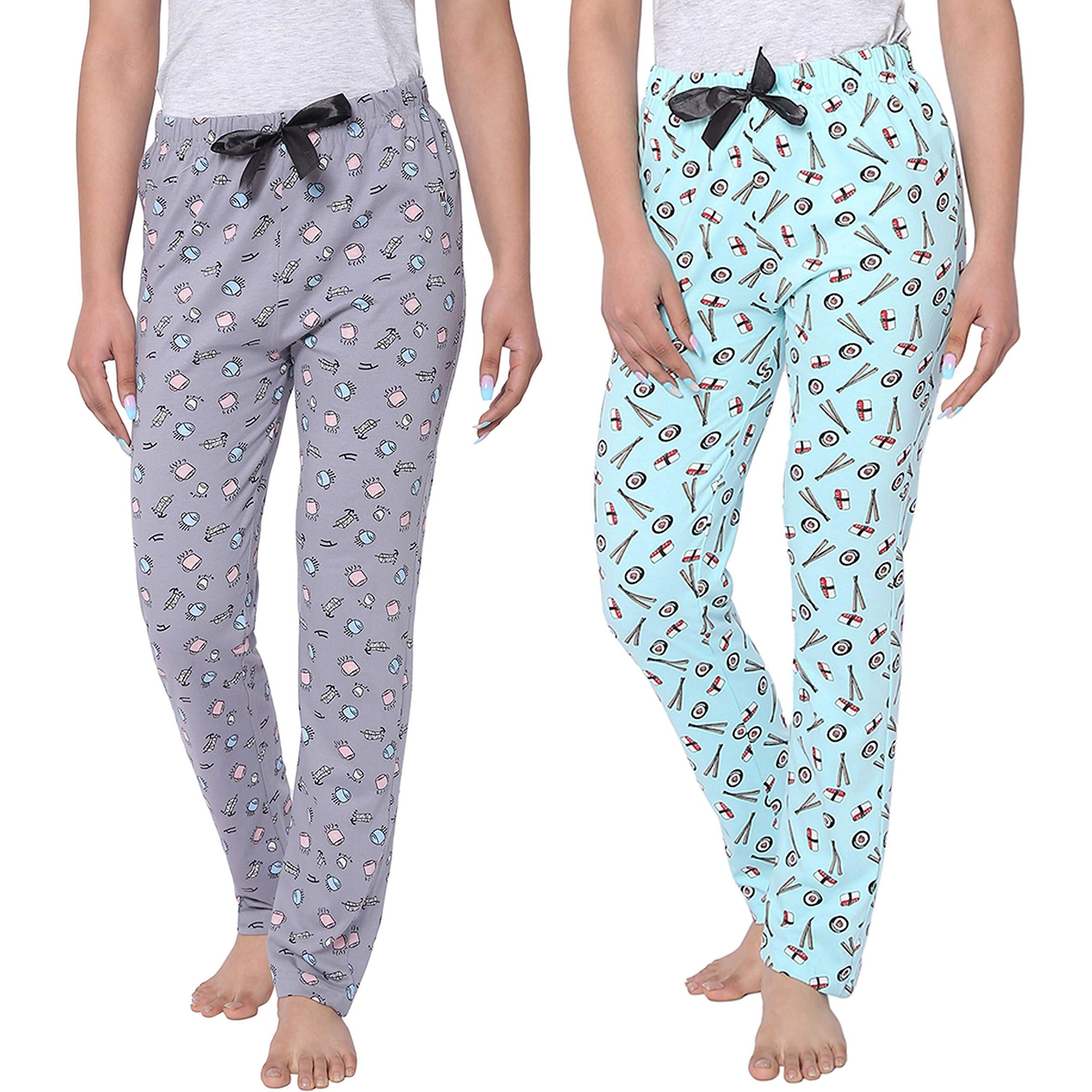 Real Basics Women s Cotton Printed Casual Style Pyjama Pack Of 2(Rb-W-Pj-S-P2-S4(Chop+Coffee) Multicolors), Grey
