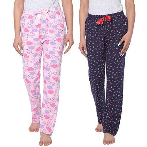 Real Basics Women s Cotton Printed Pyjama Pack Of 2(Rb-W-Pj-M-P2-S4(Sky+Cherry) Multicolorm, Casual Style, Pink Sky,Navy Cherry)