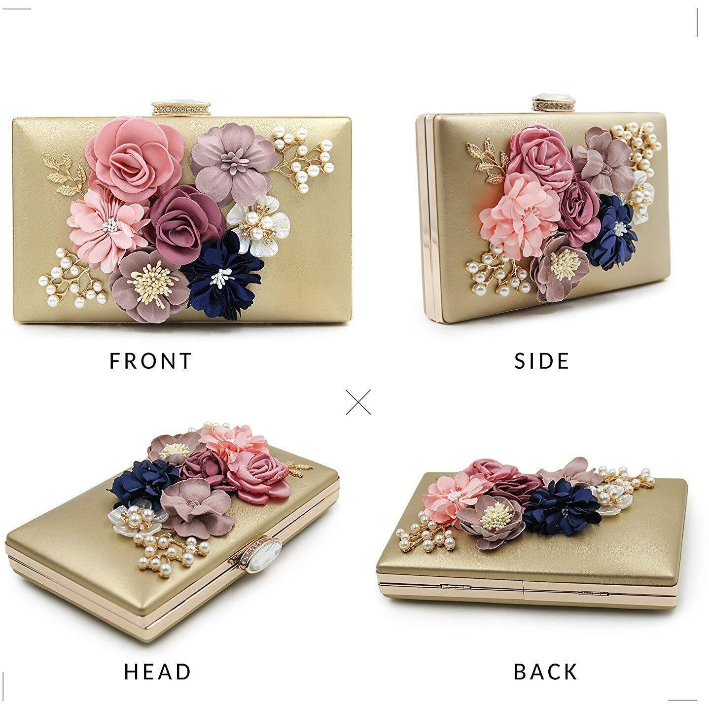 INOVERA (LABEL) Ladies Floral Evening Clutch Women Party Wedding Purse Bag (Gold)