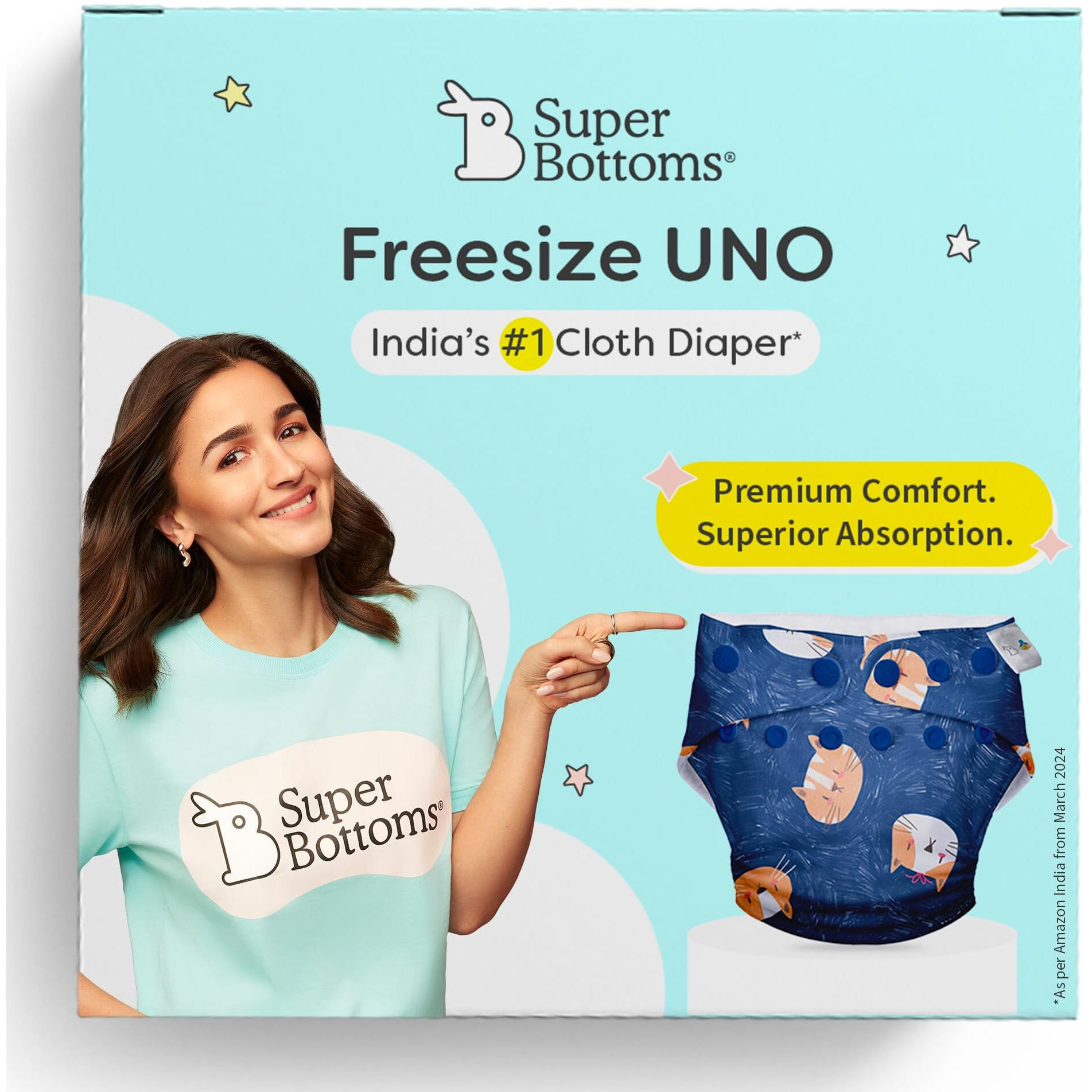 SuperBottoms UNO - Freesize Washable & Reusable waterproof Adjustable cloth diaper for babies from 5-17kgs-Pack of 1 cloth diaper with Organic cotton Pad(Good Cattitude )
