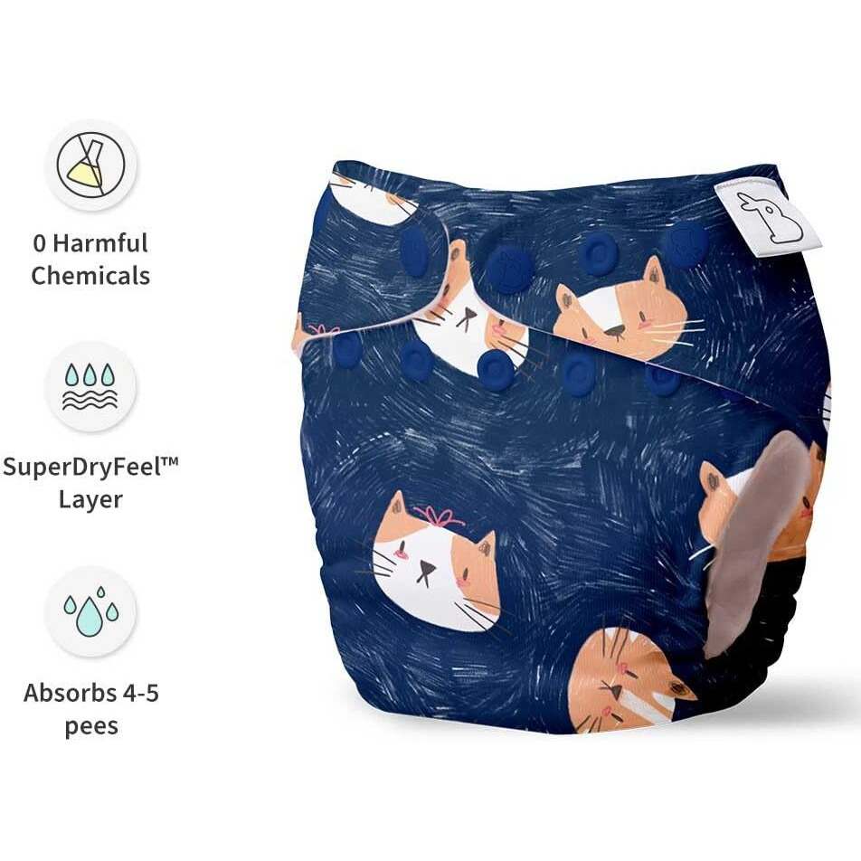 SuperBottoms UNO - Freesize Washable & Reusable waterproof Adjustable cloth diaper for babies from 5-17kgs-Pack of 1 cloth diaper with Organic cotton Pad(Good Cattitude )