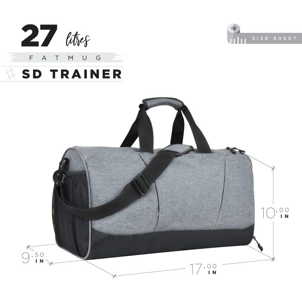 FATMUG Polyester Sports Duffel Gym Bag For Men s, Women s, Boys, Girls- Large Duffle Bag With Wet Pocket & Shoe Compartment - (Light Grey 27L), 9 Cm