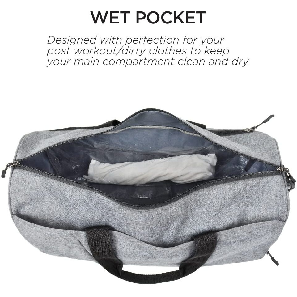 FATMUG Polyester Sports Duffel Gym Bag For Men s, Women s, Boys, Girls- Large Duffle Bag With Wet Pocket & Shoe Compartment - (Light Grey 27L), 9 Cm