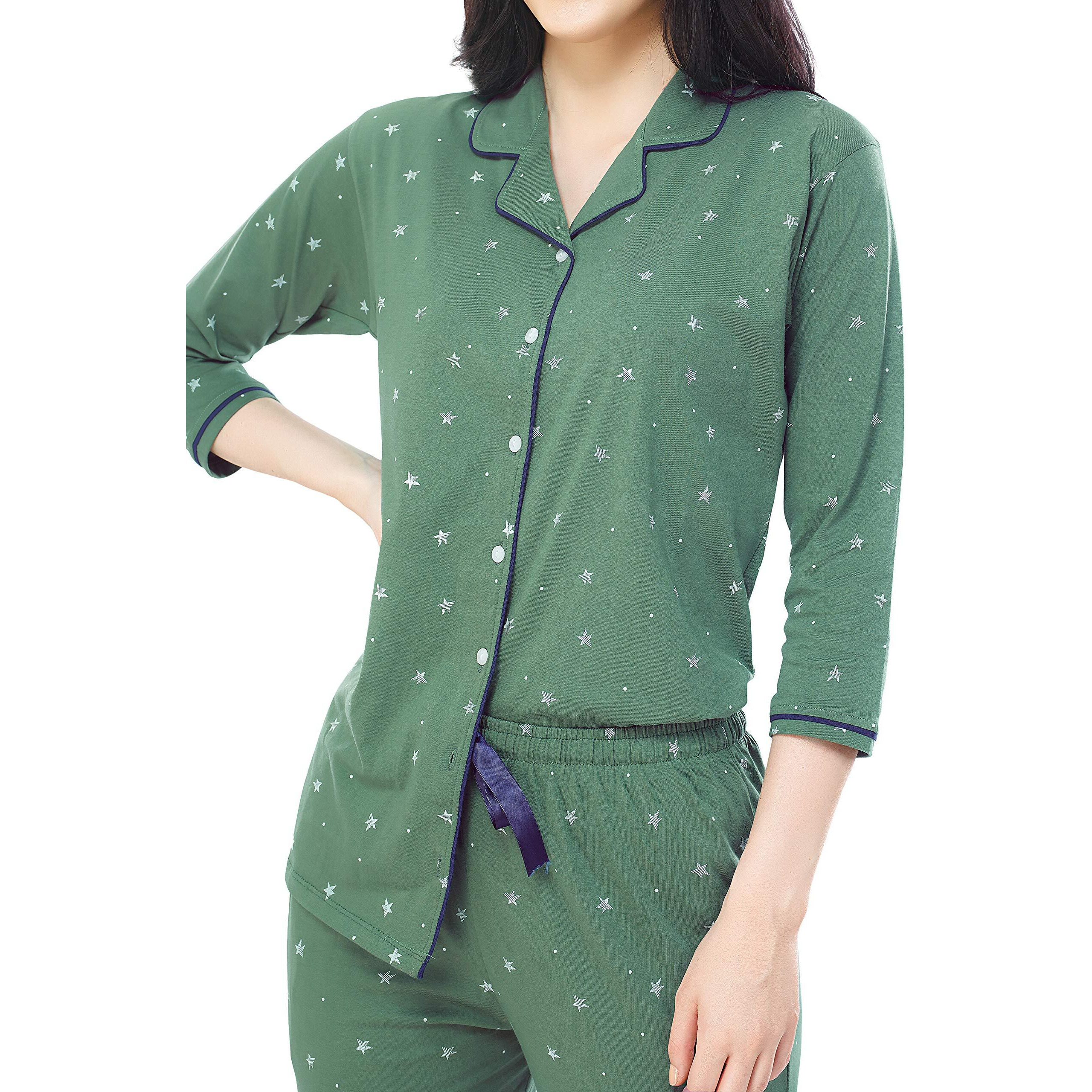 ZEYO Women s Cotton Star Printed Green Night Suit Set of Shirt & Pajama Set 5271