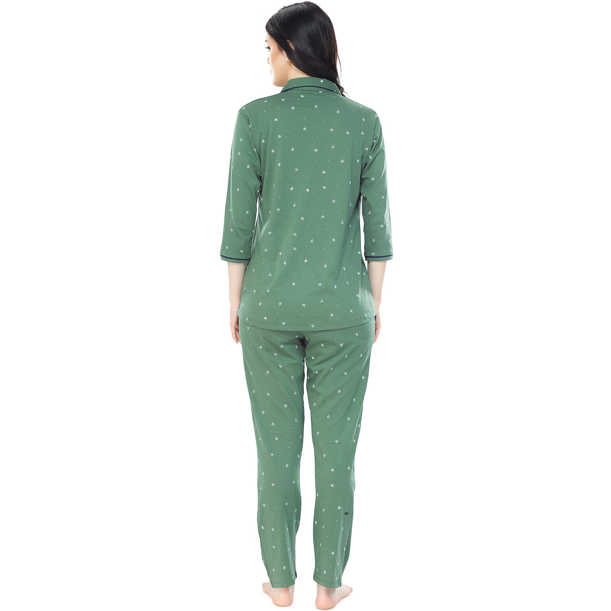 ZEYO Women s Cotton Star Printed Green Night Suit Set of Shirt & Pajama Set 5271