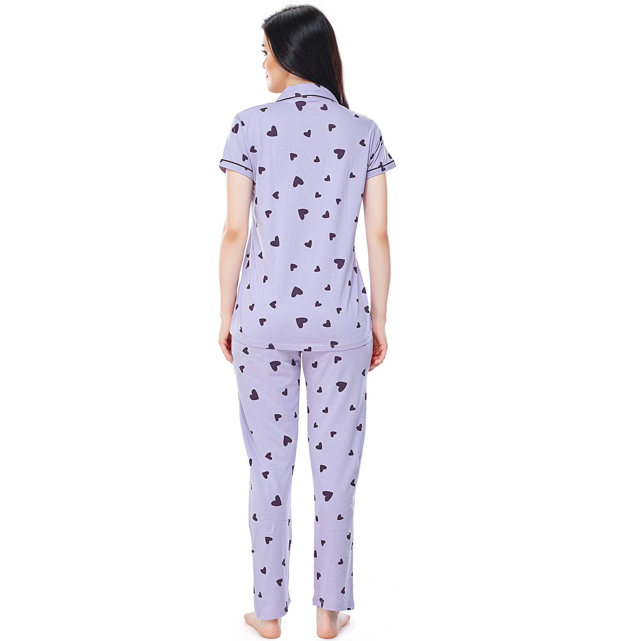 ZEYO Women s Cotton Heart Printed VioletNight Suit Shirt & Pajama Set 5250 Purple (X_Large)