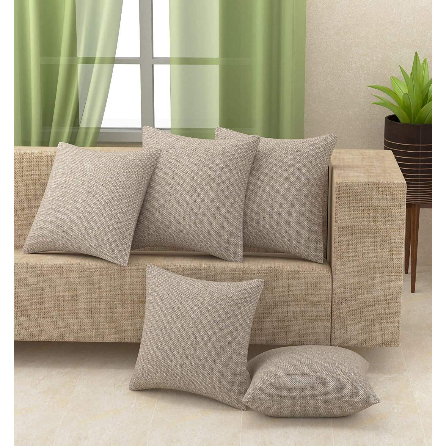 Yellow Weaves Jute Texture Cushion Covers, 16 X 16 Inches, Beige, Set of 5, 250 tc