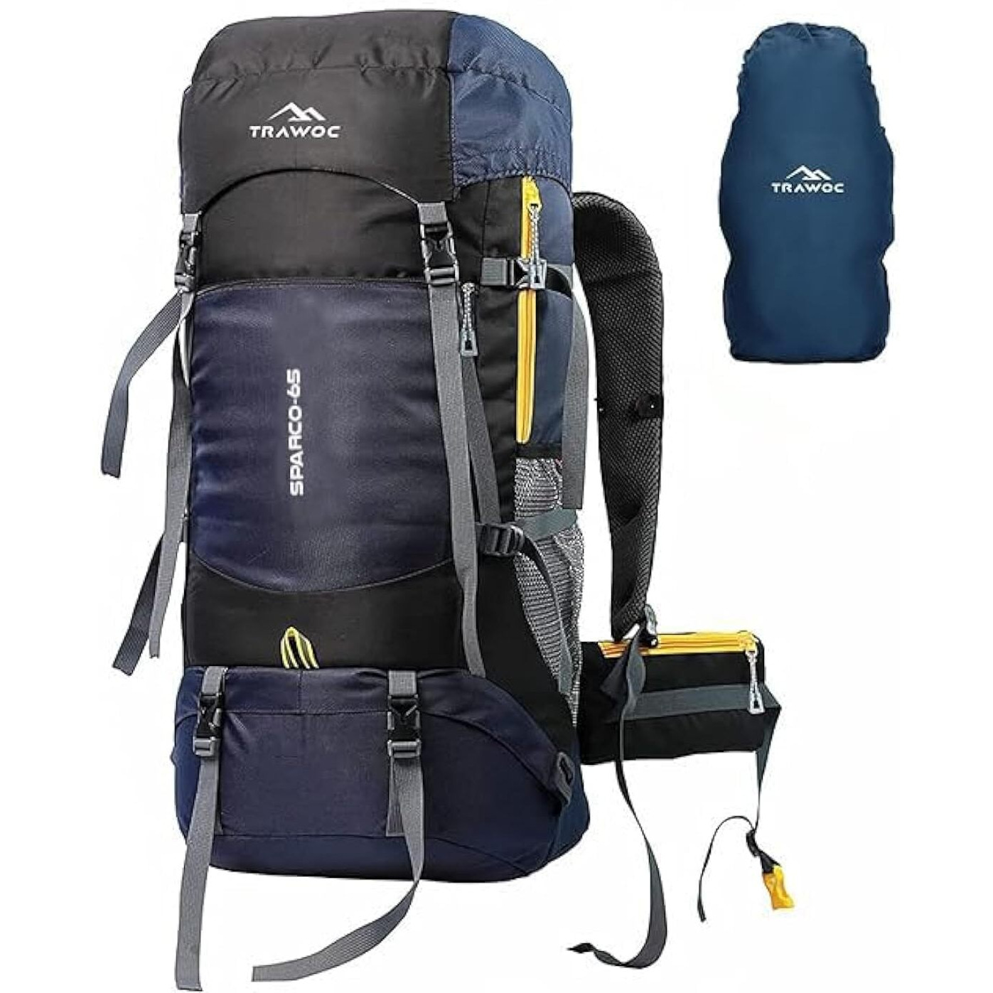 TRAWOC SPARCO 65L Travel Backpack Hiking Trekking Bag Camping Rucksack for Men & Women, Rain Cover/Shoe Compartment HK009, Navy Blue 3 Year Warranty
