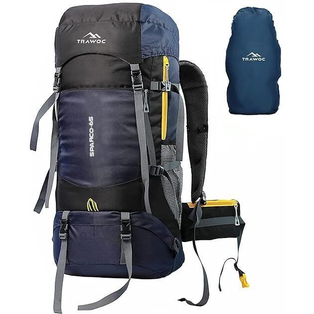 TRAWOC SPARCO 65L Travel Backpack Hiking Trekking Bag Camping Rucksack for Men & Women, Rain Cover/Shoe Compartment HK009, Navy Blue 3 Year Warranty