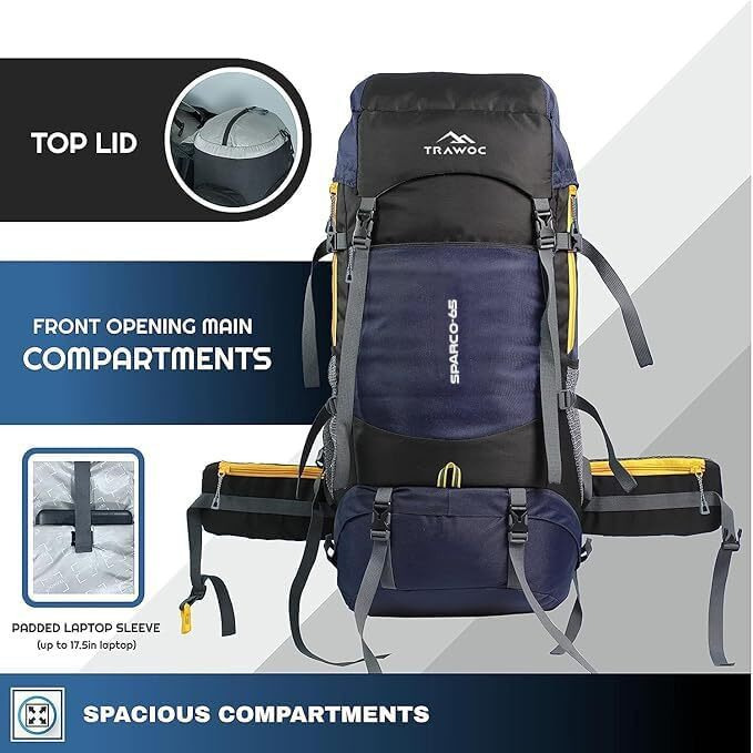 TRAWOC SPARCO 65L Travel Backpack Hiking Trekking Bag Camping Rucksack for Men & Women, Rain Cover/Shoe Compartment HK009, Navy Blue 3 Year Warranty