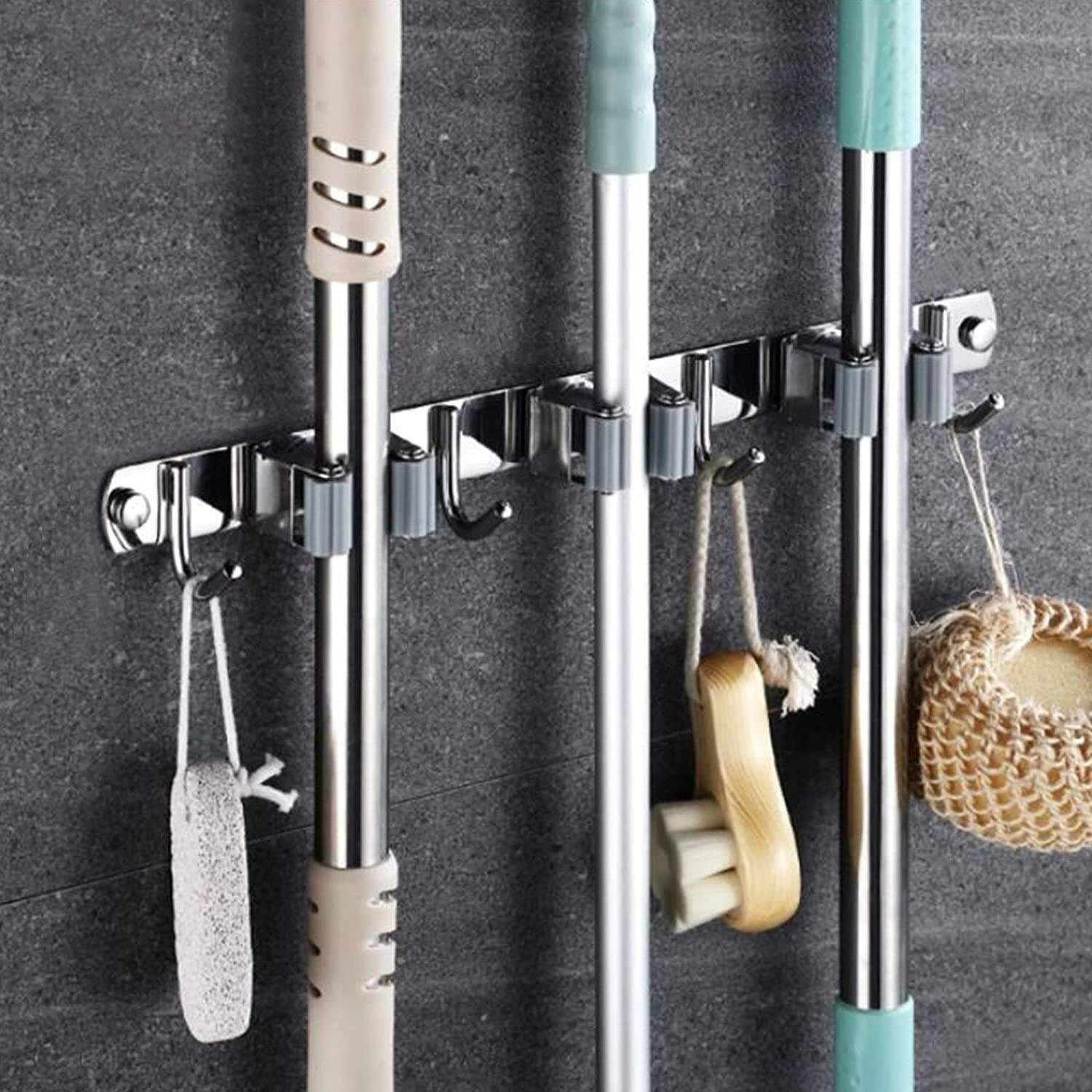 Zollyss Broom Mop Holder Wall Mount Stainless Steel Wall Mounted Storage Organizer Heavy Duty Tools Hanger with 3 Racks 4 Hooks for Kitchen Bathroom Closet Garage Office Garden 1Pc Hanging Shelves