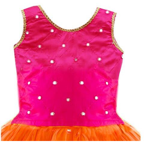 Stanwells Kids Orange And Magenta Combo South Indian Baby Girls Mirror Work Net Readymade Lehenga Choli Set (5-6 Years)