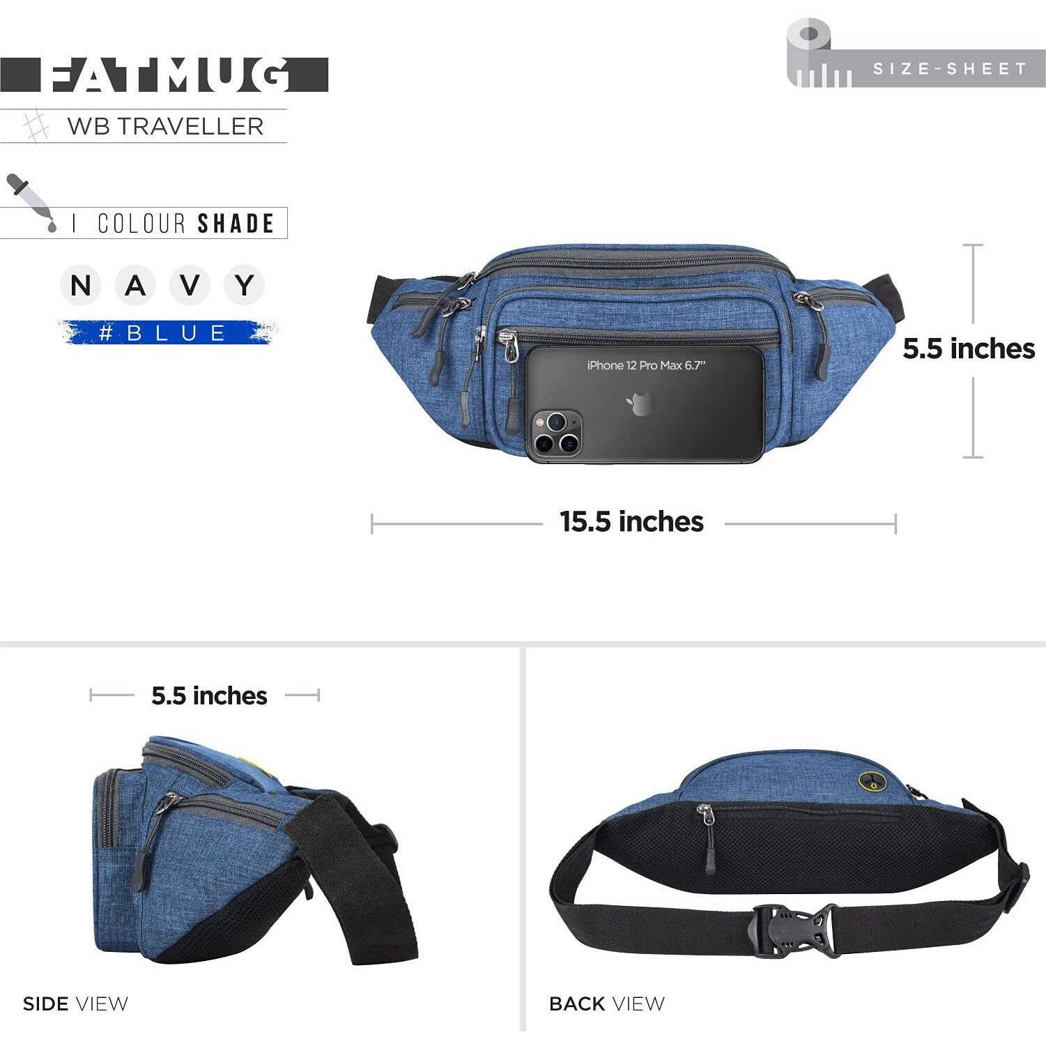 FATMUG Waist Pouch, Money Belt Pouch for Travel, Running, Jogging, Cycling, Hiking, Outdoor- Navy Blue