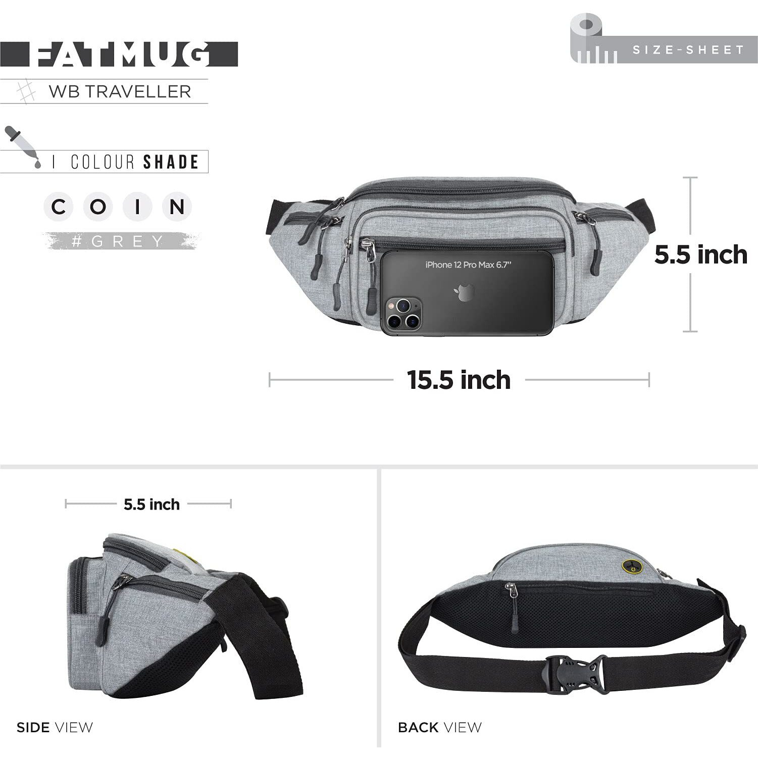 FATMUG Waist Pouch, Money Belt Pouch for Travel, Running, Jogging, Cycling, Hiking, Outdoor- Light Grey