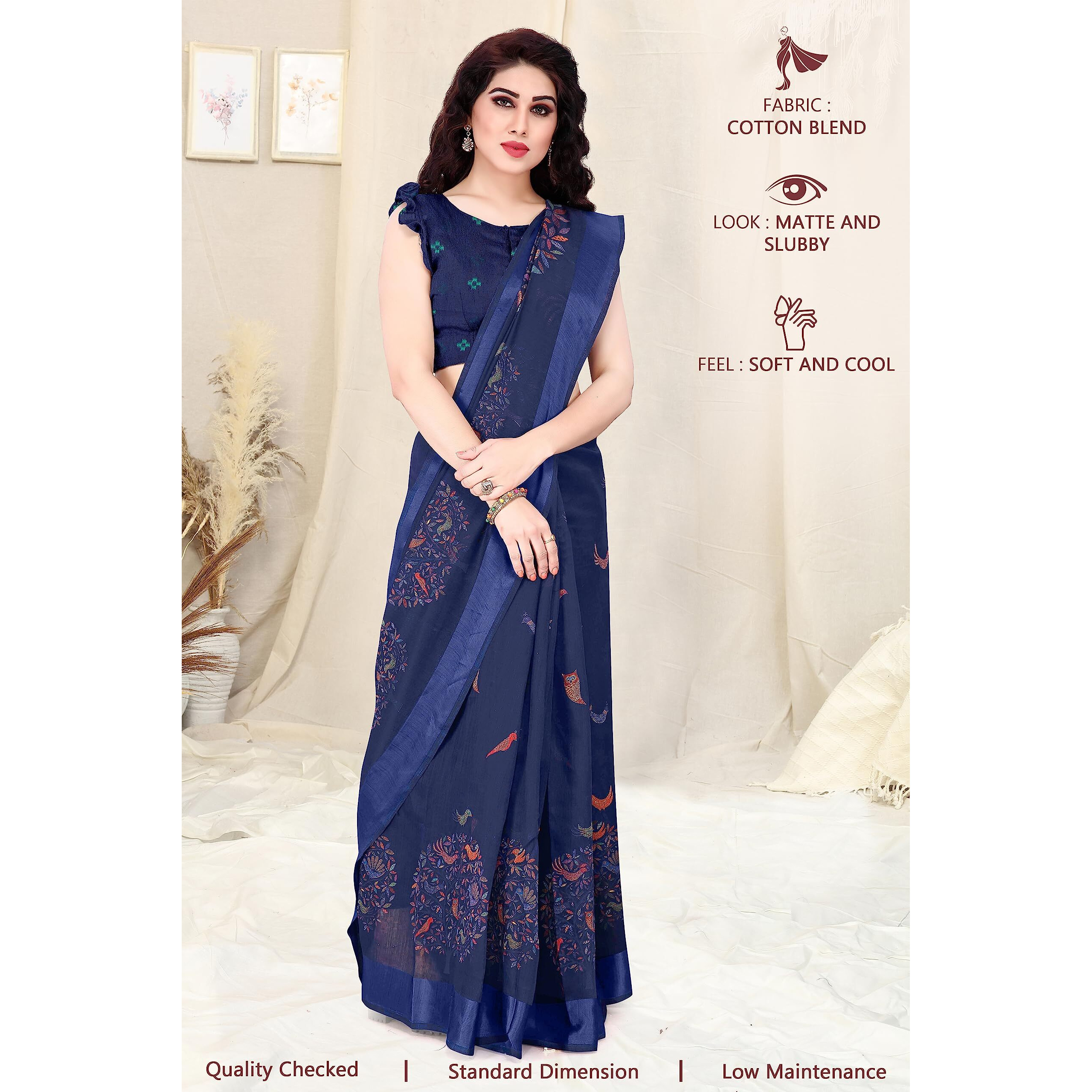SOURBH Women s Cotton Blend Woven Madhubani Printed Saree with Blouse Piece (23135-Navy Blue)