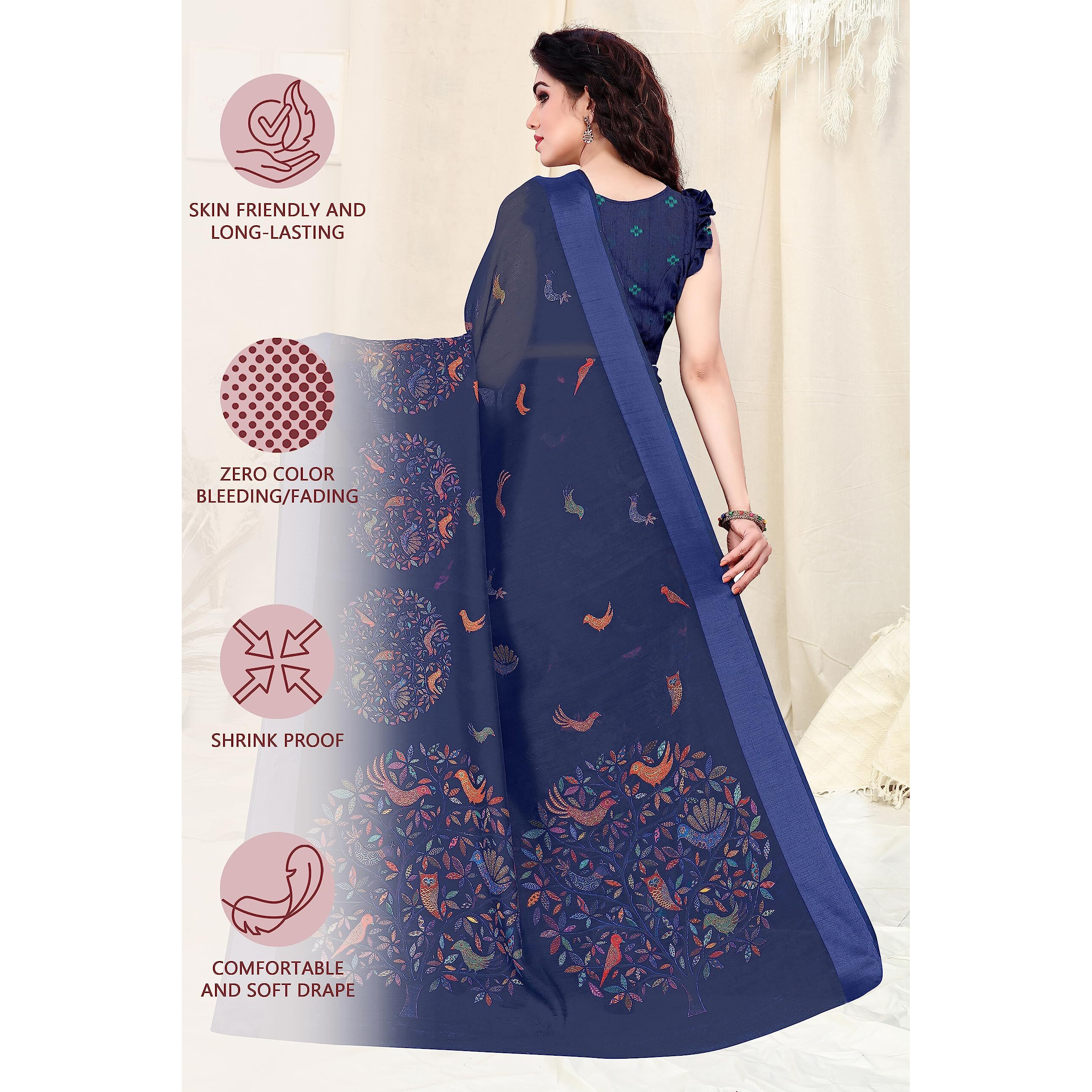 SOURBH Women s Cotton Blend Woven Madhubani Printed Saree with Blouse Piece (23135-Navy Blue)